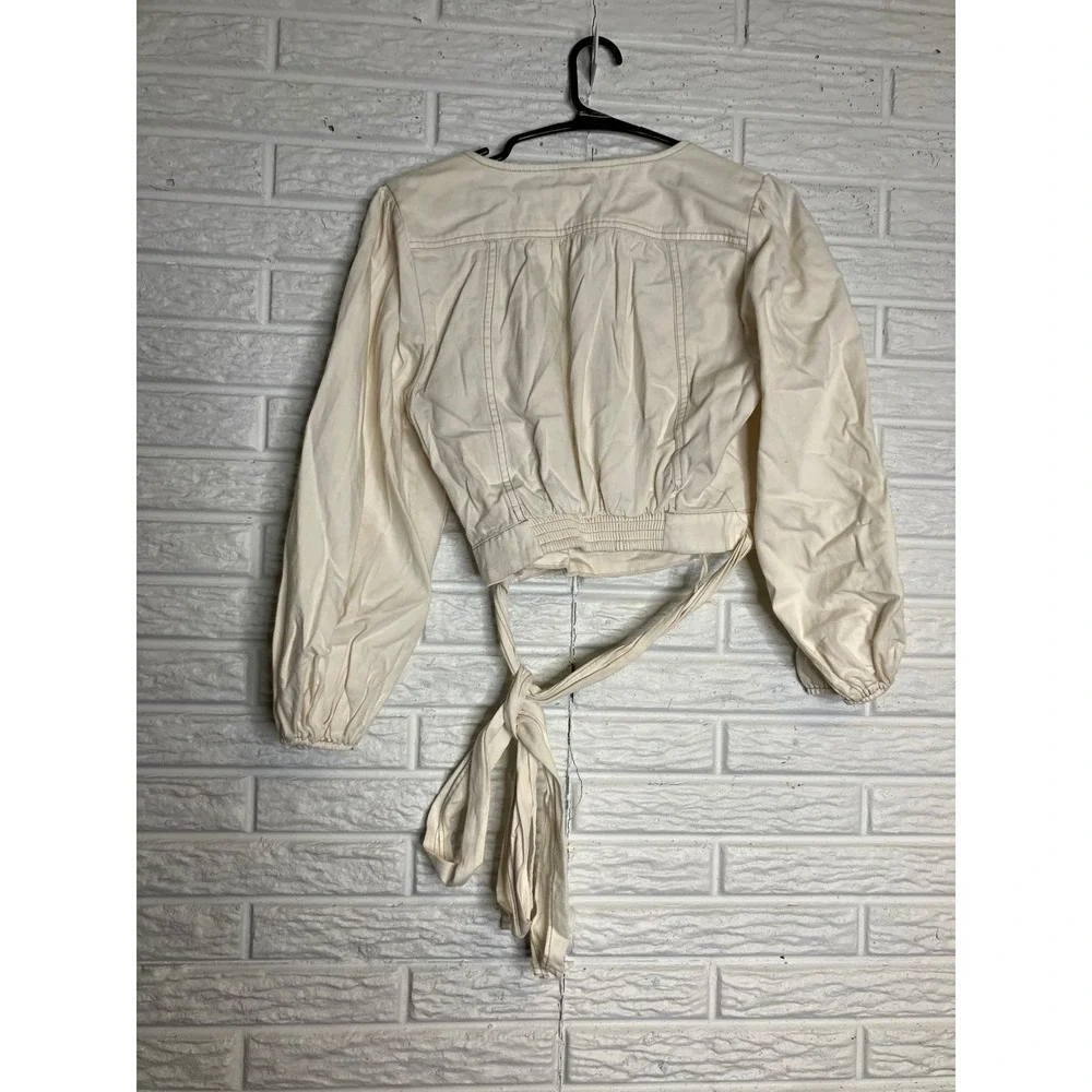 Free People Sophie wrap Top Womens XS Ivory Excellent Puff Sleeve Tie Waist Crop